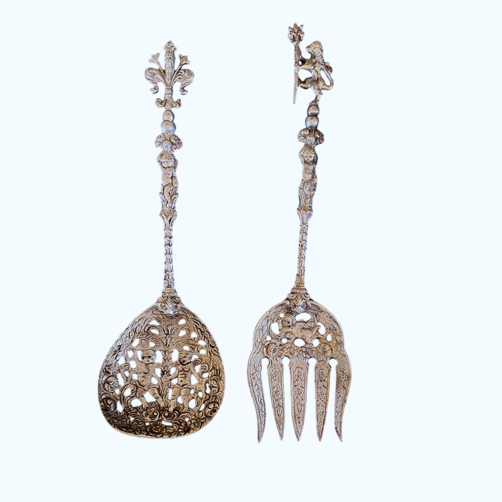 Ugo Bellini Salad Serving Set OS Silver Excellent Cherub Lion Fleur-de-lis Italy